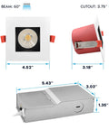12 Pack 4 Inch Square Led Recessed Lights With Quick J Box Hookup 5 Adjustable Color Temps Top Shelf 15 Watt Build Hitting 1000 Lumens Straight Up Fire Rated Ic Wet Rated Etl Certified Matte Black White Trim dimensions and angles