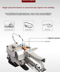 Portable Pneumatic Baler For Steel And Plastic Strapping Lightweight Warehouse Packing Machine With Kickass Alloy Durability And Simple Two Button Operation No Sweat Setup Gets The Work Finished Fast, showcasing function buttons and design details.
