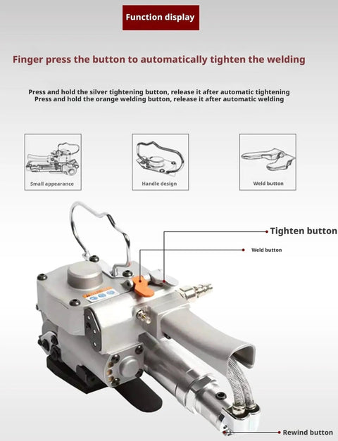 Portable Pneumatic Baler For Steel And Plastic Strapping Lightweight Warehouse Packing Machine With Kickass Alloy Durability And Simple Two Button Operation No Sweat Setup Gets The Work Finished Fast, showcasing function buttons and design details.