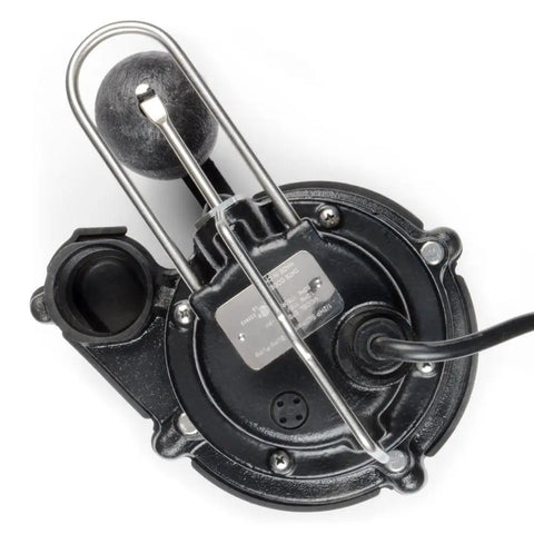 Top view of One Third HP Cast Iron Sump Pump With Vertical Switch, 3160 GPH, heavy duty build with beefy non clogging vortex impeller, black