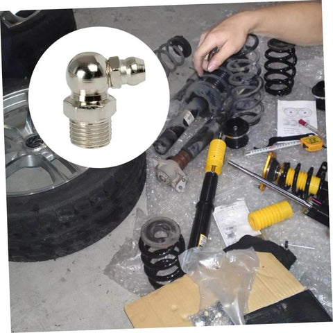 Hydraulic Grease Nipples And Fittings Kit - 260-Piece Metric And Imperial Assortment For Lubricating Bearings And Mechanical Assemblies, with close-up view of grease nipple and car suspension components.