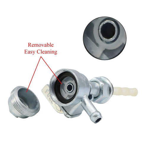 Gas Tank Fuel Switch Valve Petcock With 10x1.25 Threading, 90 Degree On Off, showing removable part for easy cleaning