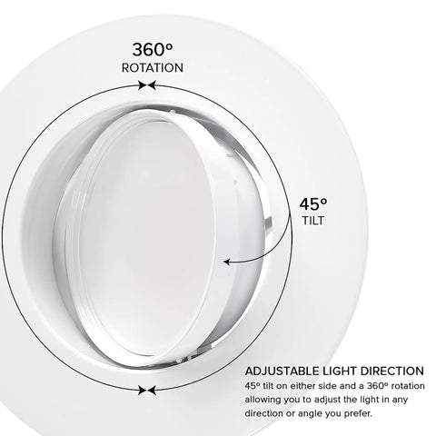 Totally Adjustable 5 6 Inch Led Retrofit Downlight Gimbal showing 360° rotation and 45° tilt features for precise lighting.