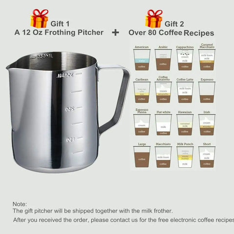 12 oz frothing pitcher included with Handheld Battery Operated Milk Frother For Barista Quality Foam In Lattes And Cappuccinos