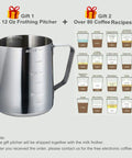 12 oz stainless steel frothing pitcher with coffee recipe cards, gift accessories for rechargeable milk and coffee frother