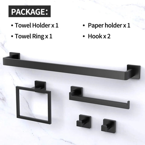 All In One 5 Piece Matte Black Stainless Steel Bathroom Hardware Set includes towel holder, ring, hook, paper holder on wall