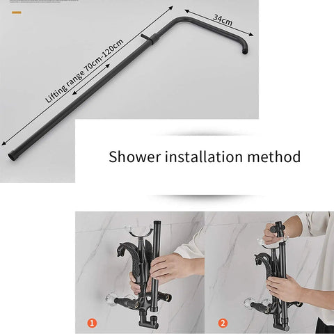 Shower installation method showing matte black wall-mounted fixture with dimensions 34cm and lifting range 70cm-120cm.