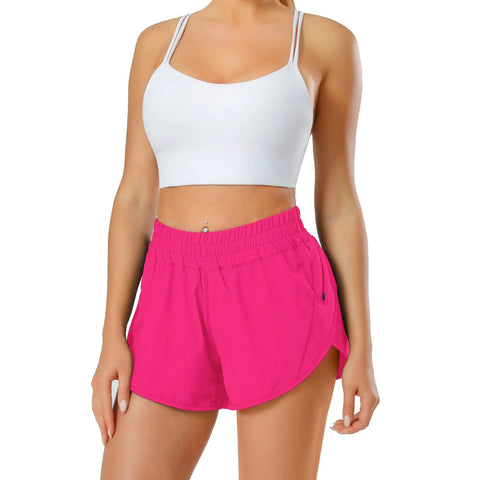 Hot Pink Womens Running Shorts With Quick Dry Fabric Featherweight Stretch Built In Brief Liner Elastic No Slip Waistband Zip Pockets