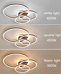 Modern LED Ceiling Light With Remote Dimmable Flush Mount Three Ring Close-To-Ceiling Fixture In Brown for Bedroom, Dining Room, Living Room, and Kitchen - showcasing white, neutral, and warm light options