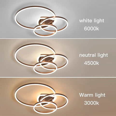 Modern LED Ceiling Light With Remote Dimmable Flush Mount Three Ring Close-To-Ceiling Fixture In Brown for Bedroom, Dining Room, Living Room, and Kitchen - showcasing white, neutral, and warm light options