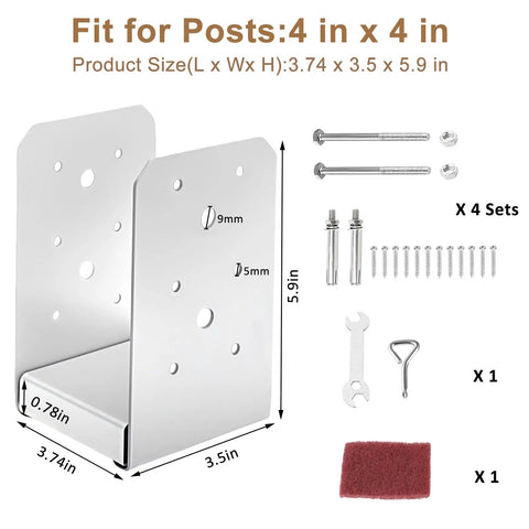 Beefy Stainless Steel 4x4 Post Base Bracket Set Adjustable Internal 3.5x3.5 In Concrete Post Anchor with screws and tools