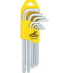 Beefy Industrial Grade Tamper Proof Torx Hex Key Set, 9 Piece Long Arm L Wrench Kit in yellow holder, T10 Through T50 sizes