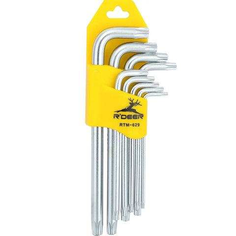 Beefy Industrial Grade Tamper Proof Torx Hex Key Set, 9 Piece Long Arm L Wrench Kit in yellow holder, T10 Through T50 sizes