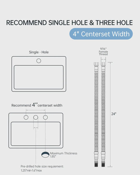 Diagram of single and three-hole sink installation for Waterfall Bathroom Faucet Single Handle One Hole Oil Rubbed Bronze Finish Lavatory Faucet With Large Spout Deck Plate Included No Plumber Needed For 1 Or 3 Hole Install Stainless Steel Body Easy DIY 15 Minute Mount showing 4" centerset width and hose dimensions.