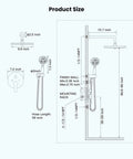 Dimensions diagram of 10 Inch Round Rainfall Shower Head Kit With 3 Modes And 6 Function Handheld Spray Wall Mounted System Includes Pressure Balanced Valve And Trim Included Matte Black