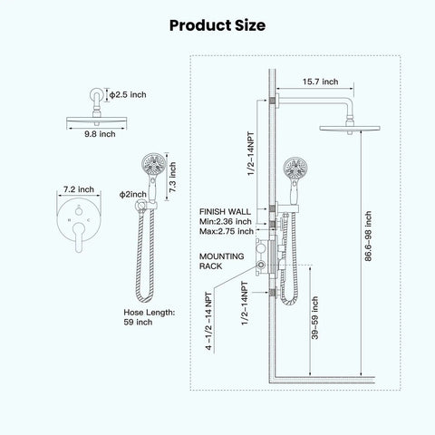 Dimensions diagram of 10 Inch Round Rainfall Shower Head Kit With 3 Modes And 6 Function Handheld Spray Wall Mounted System Includes Pressure Balanced Valve And Trim Included Matte Black