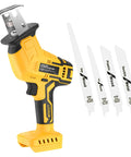 Cordless reciprocating saw with yellow body and attached battery; front view with four blades for wood, PVC, and metal