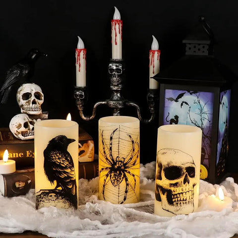 Halloween LED Flameless Candles 3 Pack With 6 Hour Timer Battery Operated 3 Inch Diameter By 6 Inch Height Spooky Decals