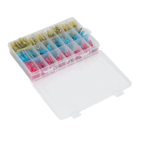 Open kit box of heat shrink butt connectors for Self Adjusting Ratchet Ferrule Crimping Tool Kit For AWG 22 Through 10 Wire Includes 200