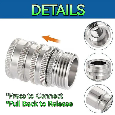 Stainless Steel Garden Hose Quick Connect Fittings Set Three Quarter Inch GHT Heavy Duty Quick Release Connectors detail view.