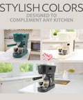 Next Level Eco Series Espresso Machine With Built In Tamper And Silky Milk Frother 15 Bar Coffee Maker in cream white and green on kitchen counter.