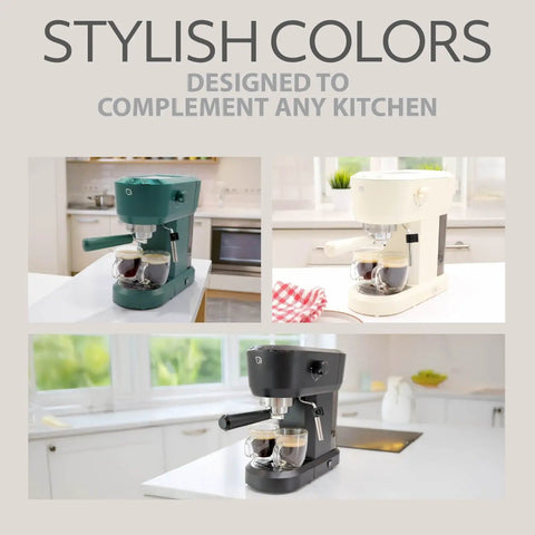 Next Level Eco Series Espresso Machine With Built In Tamper And Silky Milk Frother 15 Bar Coffee Maker in cream white and green on kitchen counter.