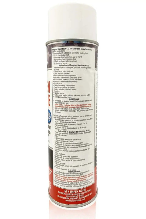 Side view of 13 oz Heavy Duty Pro Grade Tungsten Disulfide WS2 Dry Lubricant Aerosol Spray with detailed product instructions.