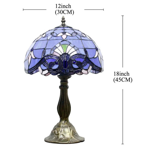 Blue Purple Tiffany Style Stained Glass Table Lamp 12x12x18 Inch With Lavender Hue Baroque Artwork Antique Green Bronze Base S003C Series