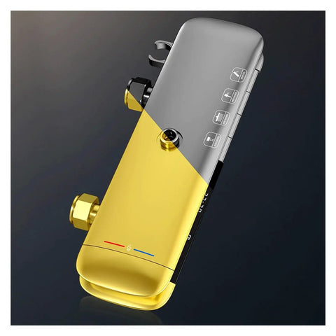 RIBEUJIZS Led Digital Bathroom Shower System Faucet control panel in gold and silver, features temperature control and multiple settings.