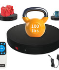Foxvee Remote Controlled Motorized Turntable, 360 Degree Rotating Display Stand with a kettlebell and bag, showcasing design and function.