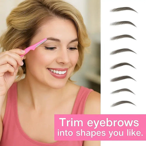 User demonstrating the 3 Piece Unisex Eyebrow Razor Kit Makes Quick Work Of Stubborn Facial Hair While Doubling As A Smooth Dermaplaning Tool That Leaves Your Complexion Looking Fresh And Flawless.