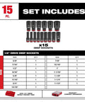 Diagram showing 15-piece Shockwave Impact Duty Half Inch Drive Socket Set SAE with sizes and red ergonomic case.