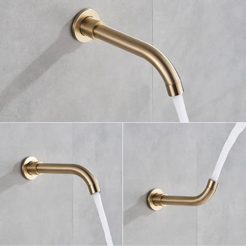 UMJIGF Shower System Brushed Gold Bathroom Shower Faucet Set with Tub Spout, wall-mounted brass spout releasing water.