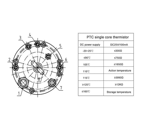 PTC single core thermistor diagram with temperature specifications and electrical connections for Killer 3.2 Kw Water Cooled Spindle With Auto Tool Changer Bt30 Interface For Cnc Milling.