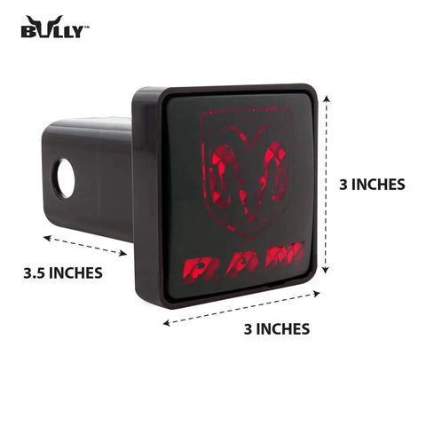 Dodge RAM Logo LED Hitch Cover For 2 Inch Receivers Black ABS Finish Lighted Brake Light Universal Fit For Chevy Ford Toyota GMC Jeep And More Trucks, LED RAM emblem against white background