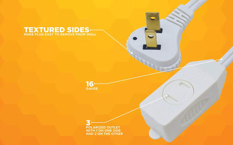 SlimLine 3 Ft Indoor Extension Cord With Right Angled Plug, 16/3 3 Polarized Outlets, PVC Jacket, close-up of the flat plug design