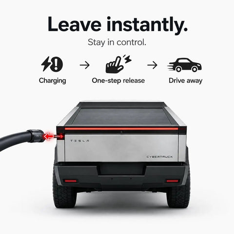 Tesla Supercharger Release Tool For Rapid Ev Cable Breakaway Keeps You Seated And Lets You Bail Out Fast Without Stepping Out Cybertruck Compatible Charging Aid with charging connector.