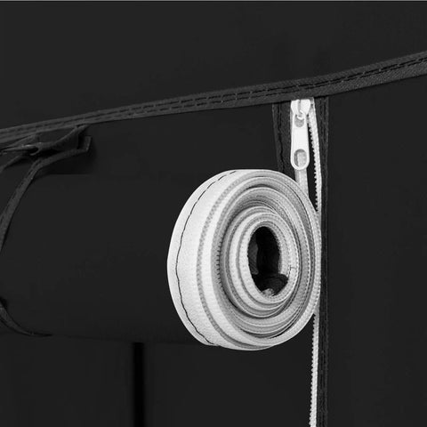 Close-up of zipper and rolled fabric strap on 69 Inch Portable Clothes Closet With Industrial Strength Steel Frame.