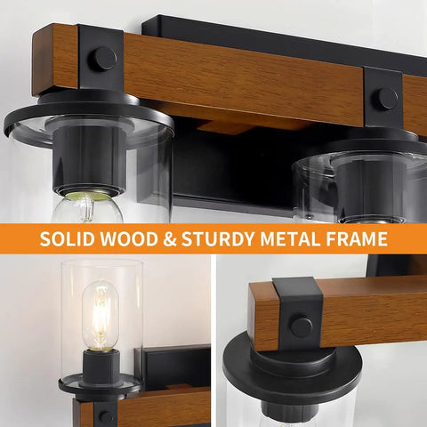 Real Wood Rustic Vanity Light for Farmhouse Bathrooms Over Mirror Three Light Rustic Vanity Lighting With Clear Glass Shades close-up
