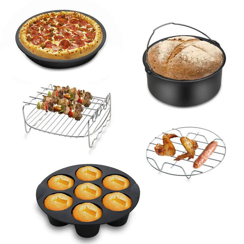 Must Have Ultimate Air Fryer Accessories Set For 3.7QT To 5.8QT Deep Fryers Includes 7 Inch Cake Barrel Pizza Pan Cupcake Pan Skewer Rack Silicone Mat Oven Mitts Food Tong Oil Brush Cookbook And More Essentials For Crisp And Even Results