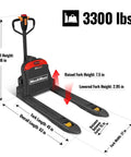 Heavy Duty Mechanics Electric Pallet Jack With 3300 Lbs Lift Capacity And Removable Lithium Ion Battery, dimensions with fork height details.