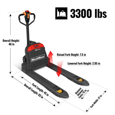 Heavy Duty Mechanics Electric Pallet Jack With 3300 Lbs Lift Capacity And Removable Lithium Ion Battery, dimensions with fork height details.