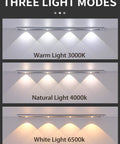 LED Under Cabinet Lights With Motion Sensor USB Rechargeable Night Light showing three light modes at 3000K, 4000K, 6500K