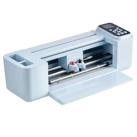 Level Up Your Side Hustle With This Slick 12 Inch Vinyl Cutting Machine showing a light blue desktop vinyl cutter.