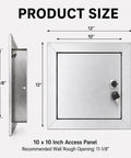 Bulletproof 10x10 Stainless Steel Access Panel For Drywall And Ceiling With Hinged Door dimensions and key features.