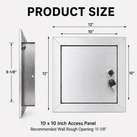 Bulletproof 10x10 Stainless Steel Access Panel For Drywall And Ceiling With Hinged Door dimensions and key features.