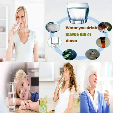 Collage of people drinking water with diagram of contaminants, highlighting water quality concerns.