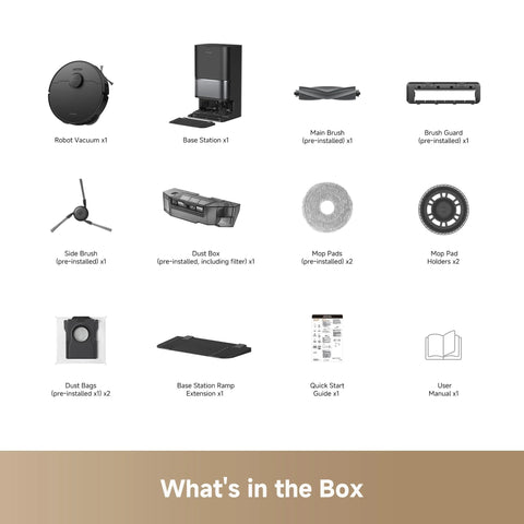 DREAME L40 Ultra Gen 2 12-item kit: robot vacuum, base station, dustbox, mop pads, ramp extension, quick start guide.