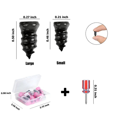 No Sweat Screw In Tire Plugs Repair Kit With Heavy Duty Vacuum Spiral Screws No Jack Needed Quick Roadside Patch Fix showing large and small screws.