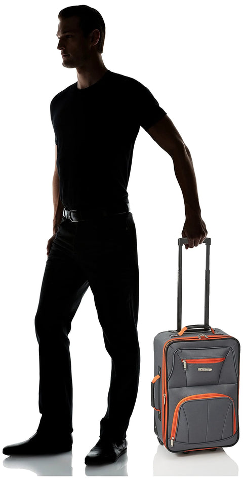 Rockland expandable softside upright luggage, charcoal with orange zipper accents, front view.